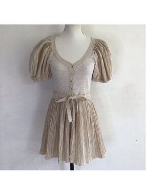 Ulla Johnson Women Elegant Beige Pleated Romper with Puff Sleeves Size 4